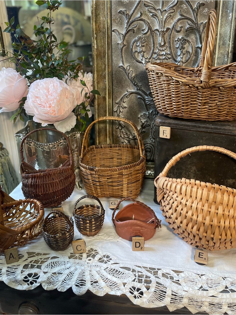 Vintage Small woven baskets French country cottage primitive farmhouse decor